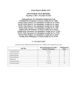 Great Eastern Radio, LLC EEO PUBLIC FILE REPORT