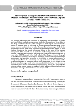 The Perception of Angkolanese Toward Mosques Fund Deposit on Mosque Administrator House at West Angkola District, North Sumatera