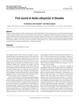 First Record of Aedes Albopictus in Slovakia