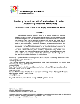 Multibody Dynamics Model of Head and Neck Function in Allosaurus (Dinosauria, Theropoda)