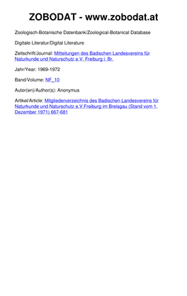 Mitgliederverzeichnis Des Badischen Landesvereins Für Naturkunde Und Naturschutz E.V.Freiburg Im Breisgau (Stand Vom 1