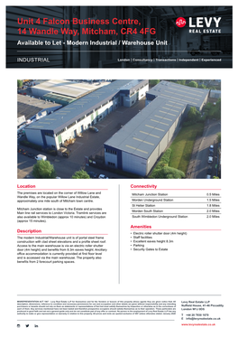 Unit 4 Falcon Business Centre, 14 Wandle Way, Mitcham, CR4 4FG Available to Let - Modern Industrial / Warehouse Unit