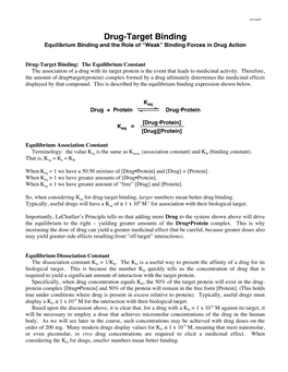 Drug-Target Binding Equilibrium Binding and the Role of “Weak” Binding Forces in Drug Action