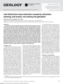 Late Ordovician Mass Extinction Caused by Volcanism, Warming, and Anoxia, Not Cooling and Glaciation David P.G