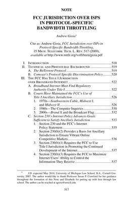 Fcc Jurisdiction Over Isps in Protocol-Specific Bandwidth Throttling