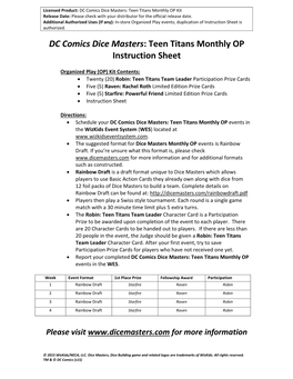 DC Comics Dice Masters: Teen Titans Monthly OP Instruction Sheet