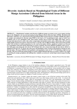 Diversity Analysis Based on Morphological Traits of Different Mango Accessions Collected from Selected Areas in the Philippines