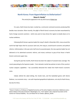 North Korea: from Hyperinflation to Dollarization? Steve H