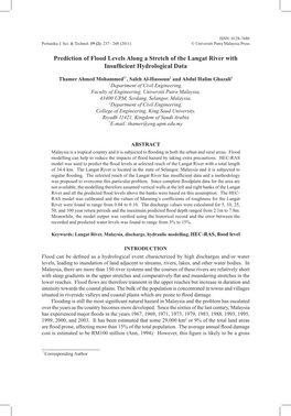 Prediction of Flood Levels Along a Stretch of the Langat River with Insufficient Hydrological Data