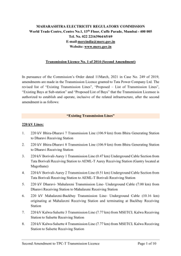 MAHARASHTRA ELECTRICITY REGULATORY COMMISSION World Trade Centre, Centre No.1, 13Th Floor, Cuffe Parade, Mumbai - 400 005 Tel