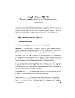 Complex Analysis (620-413): Riemann Mapping Theorem and Riemann Surfaces 1 the Riemann Mapping Theorem