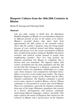 Diasporic Cultures from the 18Th-20Th Centuries in Bhutan by Harka B. Gurung and Tshering Choki