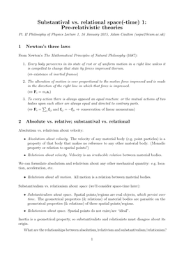 Substantival Vs. Relational Space(-Time) 1: Pre-Relativistic Theories Pt