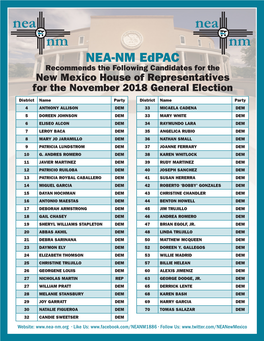NEA-NM Edpac Recommends the Following Candidates for the New Mexico House of Representatives for the November 2018 General Election