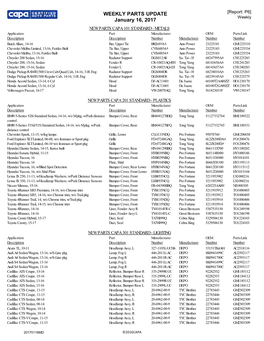 WEEKLY PARTS UPDATE January 16, 2017