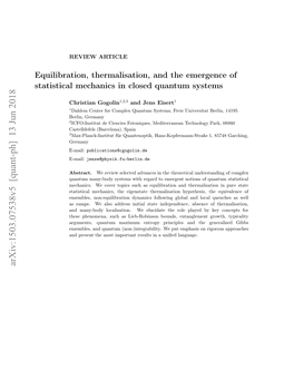 Equilibration, Thermalisation, and the Emergence of Statistical Mechanics in Closed Quantum Systems