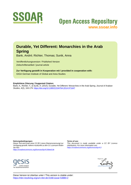 Durable, Yet Different: Monarchies in the Arab Spring Bank, André; Richter, Thomas; Sunik, Anna