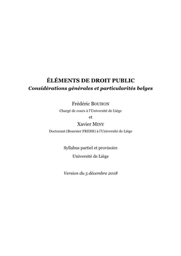 ÉLÉMENTS DE DROIT PUBLIC Considérations Générales Et Particularités Belges