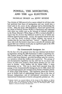 POWELL, the MINORITIES, and the 1970 ELECTION in the Light of the Rejection of Government Policy by the Majority of the Electorate