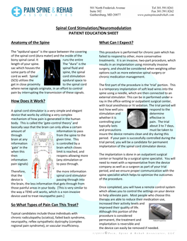 Spinal Cord Stimulation/Neuromodulation PATIENT EDUCATION SHEET