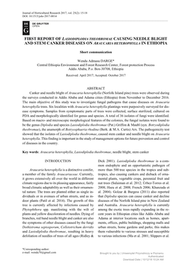 And Stem Canker Diseases on Araucaria Heterophylla in Ethiopia