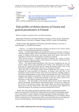 Task Profiles of District Doctors in Estonia and General Practitioners in Scandinavian Journal of Primary Health Care: 1998, 16(1), P