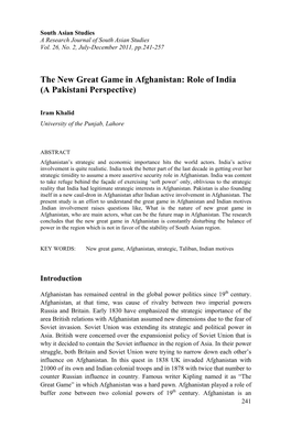 The New Great Game in Afghanistan: Role of India (A Pakistani Perspective)