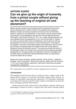 Can We Give up the Origin of Humanity from a Primal Couple Without Giving up the Teaching of Original Sin and Atonement?