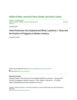 I Now Pronounce You Husband and Wives: Lawrence V. Texas and the Practice of Polygamy in Modern America