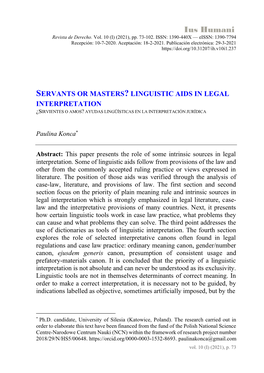 Servants Or Masters? Linguistic Aids in Legal Interpretation ¿Sirvientes O Amos? Ayudas Lingüísticas En La Interpretación Jurídica