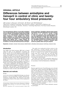 Differences Between Amlodipine and Lisinopril in Control of Clinic and Twenty- Four Hour Ambulatory Blood Pressures