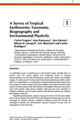 A Survey of Tropical Earthworms : Taxonomy, Biogeography And