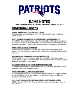 GAME NOTES New England Patriots at Carolina Panthers – August 28, 2015