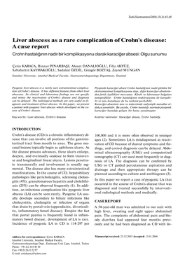 Liver Abscess As a Rare Complication of Crohn's Disease: a Case Report Crohn Hastalığının Nadir Bir Komplikasyonu Olarak Karaciğer Absesi: Olgu Sunumu