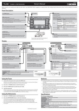 Panel Description Display Using the Tuner Using the Metronome Batteries Specifications