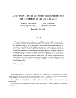 Democracy Thrives in Secret? Ballot Reform and Representation in the United States∗