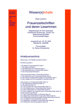 Vita Birgit Lawerenz Wissen(S)Inhalte Percussion Art Birgit Lawerenz Pdf- Download Der Arbeit Frauenzeitschriften (387KB) Und Deren Leserinnen