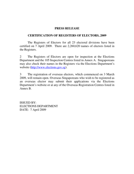 PRESS RELEASE Press Release on Certification of Registers of Electors