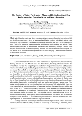 The Ecology of Gahu: Participatory Music and Health Benefits of Ewe Performance in a Canadian Drum and Dance Ensemble