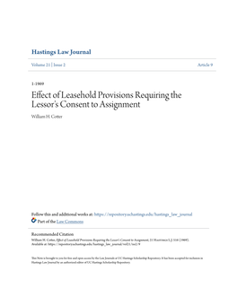 Effect of Leasehold Provisions Requiring the Lessor's Consent to Assignment William H