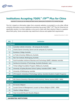 Institutions Accepting TOEFL® ITPTM Plus for China Important: to Ensure You Are Reading the Latest Version, Please Press Ctrl/Shift/Fn+F5 to Refresh the Page