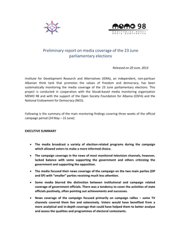 Preliminary Report on Media Coverage of the 23 June Parliamentary Elections