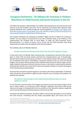 European Parliament – EU Alliance for Investing in Children Manifesto on Child Poverty and Social Exclusion in the EU