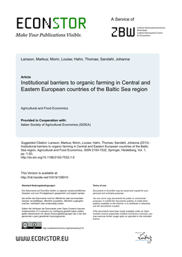 Institutional Barriers to Organic Farming in Central and Eastern European Countries of the Baltic Sea Region