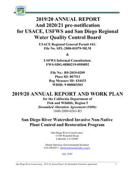 ANNUAL REPORT and 2020/21 Pre-Notification for USACE, USFWS and San Diego Regional Water Quality Control Board