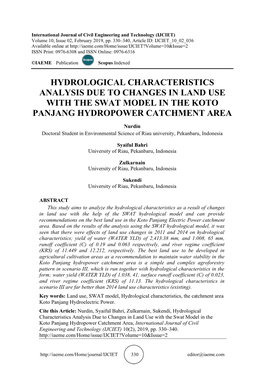 Hydrological Characteristics Analysis Due to Changes in Land Use with the Swat Model in the Koto Panjang Hydropower Catchment Area