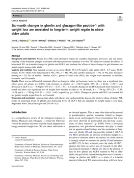 Six-Month Changes in Ghrelin and Glucagon-Like Peptide-1 with Weight Loss Are Unrelated to Long-Term Weight Regain in Obese Older Adults