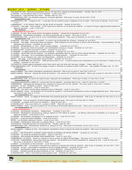 REVUE DE PRESSE (Janvier-Mars 2011) – Date : 6 Mai 2011, À 12:46 Page 1 De 92 LA TRIBUNE : Les Étudiants Votent Pour Une Grève D'un Jour – Vendredi 25 Mars 2011