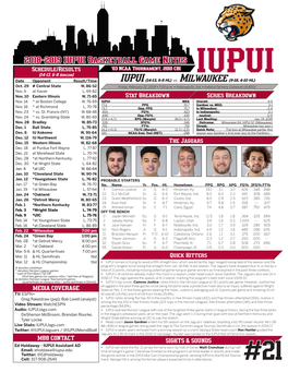 2018-2019 IUPUI Basketball Game Notes Schedule/Results ‘03 NCAA Tournament, 2010 CBI (14-13, 6-8 Horizon) Date Opponent Result/Time IUPUI (14-13, 6-8 HL) Vs