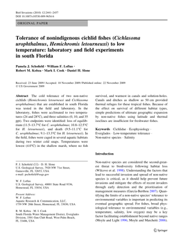 Tolerance of Nonindigenous Cichlid Fishes (Cichlasoma Urophthalmus